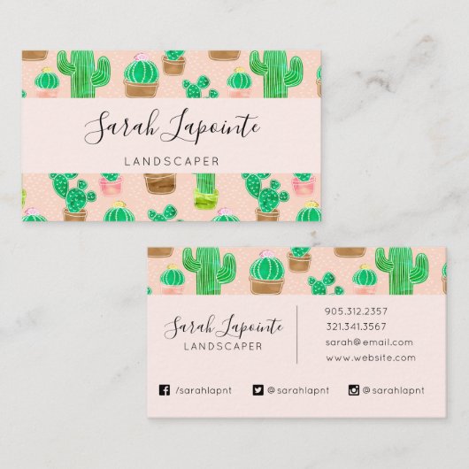 Hand Drawn Potted Cactus Pattern Visitekaartje (Voorkant / Achterkant)