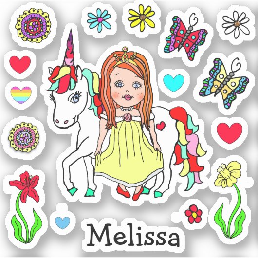 Hand Drawn Princess and Unicorn Sticker (Voorkant)