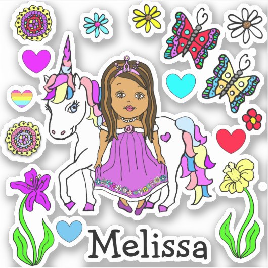 Hand Drawn Princess and Unicorn Sticker (Voorkant)