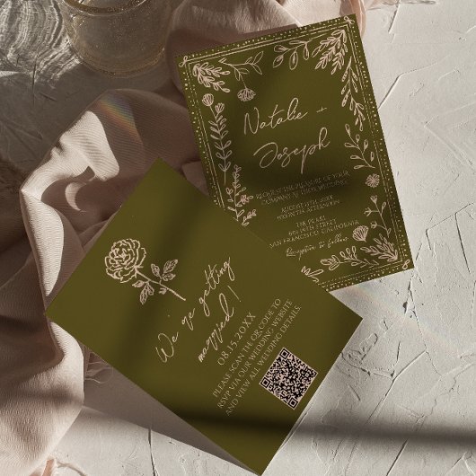 Hand Drawn QR Code Grasslands Floral Wedding Kaart