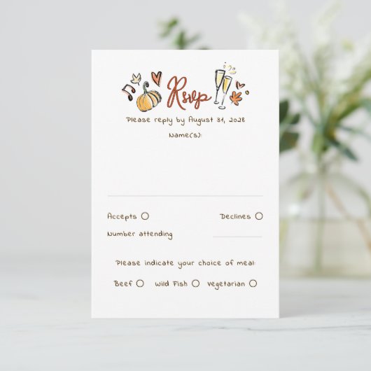 Hand Drawn Quirky Funky Fall Wedding RSVP Card (Staand voorkant)