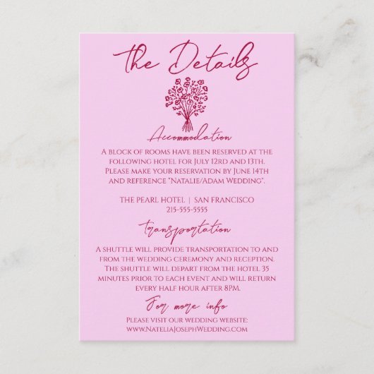 Hand Drawn Raspberry Pink Floral Wedding Details Informatiekaartje (Voorkant)