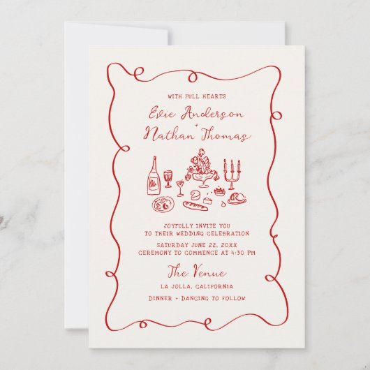 Hand Drawn Red All in One Wedding Kaart (Voorkant)