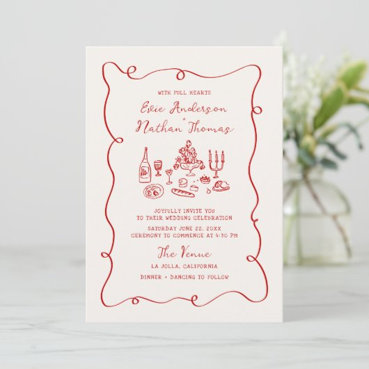 Hand Drawn Red All in One Wedding Kaart (Staand voorkant)