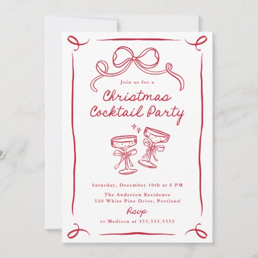 Hand-Drawn Red Bow Christmas Cocktail Party Kaart (Voorkant)
