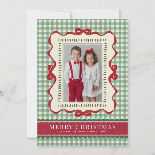 Hand Drawn Red Bow Green Plaid Christmas Photo Feestdagenkaart (Voorkant)