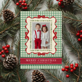 Hand Drawn Red Bow Green Plaid Christmas Photo Feestdagenkaart
