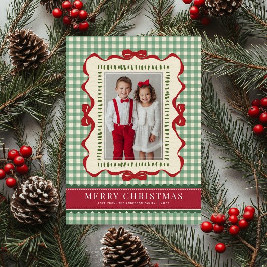 Hand Drawn Red Bow Green Plaid Christmas Photo Feestdagenkaart
