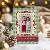 Hand Drawn Red Bow Green Plaid Christmas Photo Feestdagenkaart