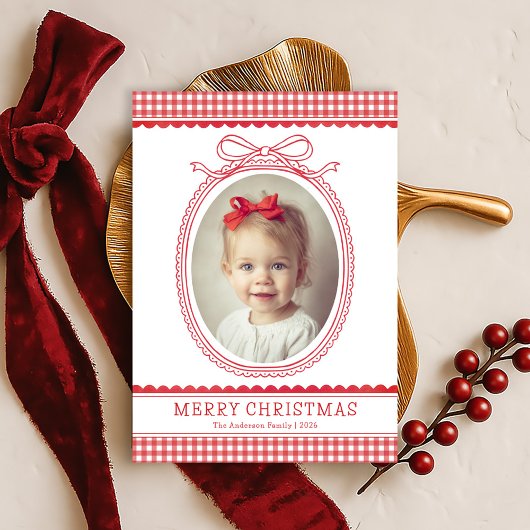 Hand-Drawn Red Bow Ribbon Christmas Holiday Photo Feestdagenkaart