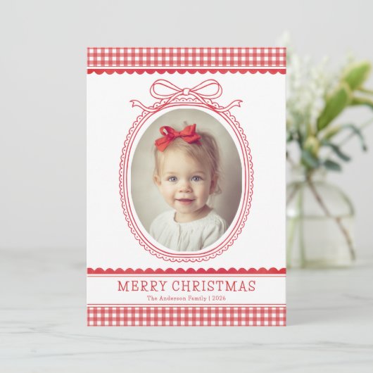Hand-Drawn Red Bow Ribbon Christmas Holiday Photo Feestdagenkaart (Staand voorkant)