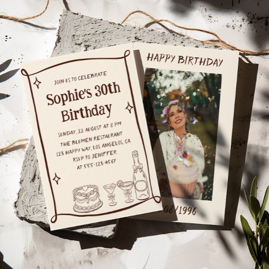 Hand Drawn Red & Cream 30TH Birthday Photo  Kaart