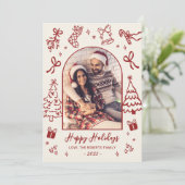 Hand-Drawn Red Doodle Arch Photo Christmas Happy  Feestdagenkaart (Staand voorkant)