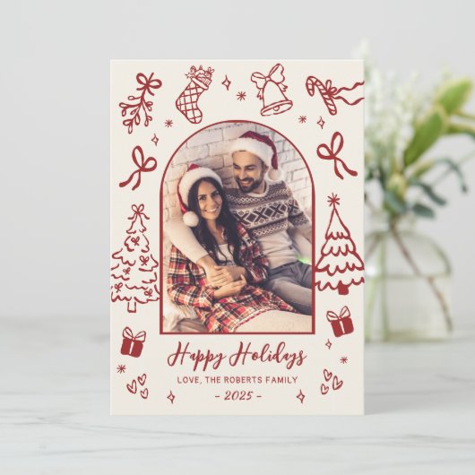 Hand-Drawn Red Doodle Arch Photo Christmas Happy  Feestdagenkaart (Staand voorkant)