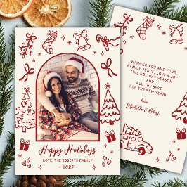 Hand-Drawn Red Doodle Arch Photo Christmas Happy  Feestdagenkaart