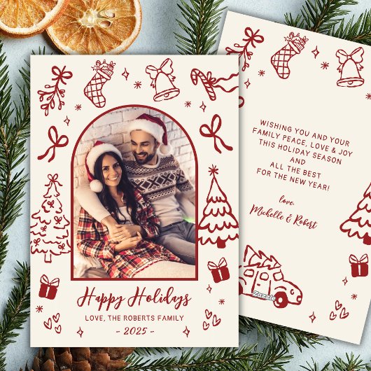 Hand-Drawn Red Doodle Arch Photo Christmas Happy  Feestdagenkaart