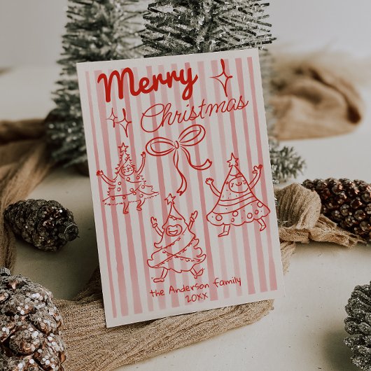 Hand Drawn Red Funny Christmas Trees Bow Non Photo Feestdagenkaart