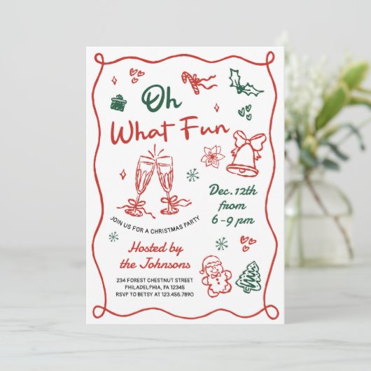 Hand Drawn Red & Green Modern Christmas Party Kaart (Staand voorkant)