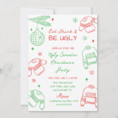 Hand Drawn Red Green Ugly Sweater Christmas Party Feestdagenkaart (Voorkant)
