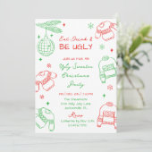 Hand Drawn Red Green Ugly Sweater Christmas Party Feestdagenkaart (Staand voorkant)