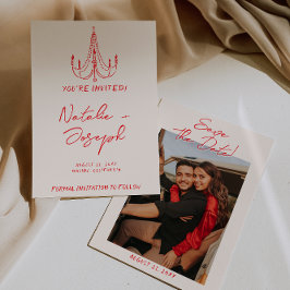 Hand Drawn Red Old Money Retro Photo Wedding Save The Date