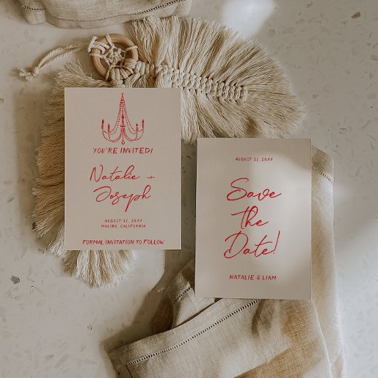 Hand Drawn Red Old Money Retro Quirky Wedding Save The Date