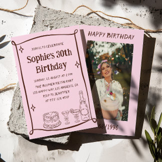 Hand Drawn Red & Pink 30TH Birthday Photo Kaart