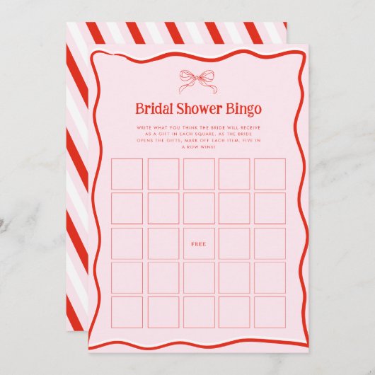 Hand Drawn Red Pink Bow Bridal Shower Bingo Game Kaart (Voorkant / Achterkant)