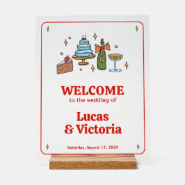 Hand Drawn Red Playful Whimsical Wedding Welcome Acryl Bord