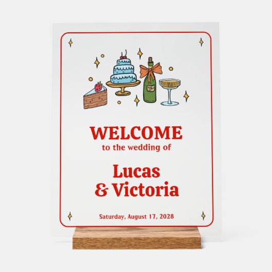 Hand Drawn Red Playful Whimsical Wedding Welcome Acryl Bord (Voorkant)