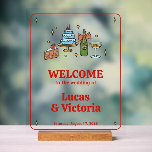 Hand Drawn Red Playful Whimsical Wedding Welcome Acryl Bord (Neutraal)