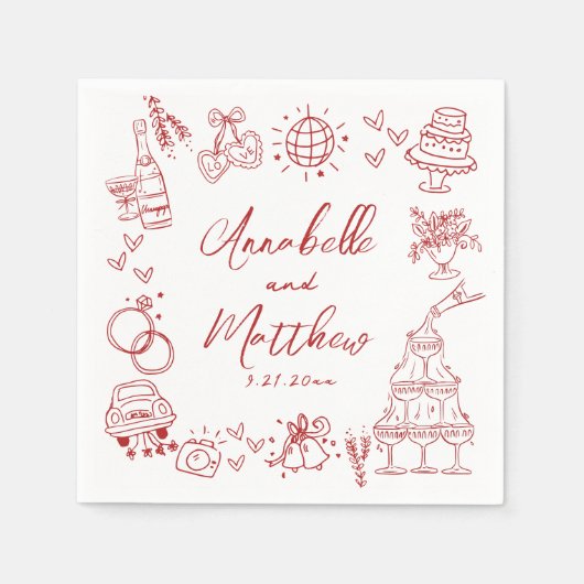 Hand Drawn Red Whimsical Wedding Servet (Voorkant)