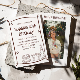 Hand Drawn Red & White 30TH Birthday Photo Kaart