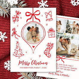 Hand-Drawn Red White Doodle Photo Merry Christmas Feestdagenkaart