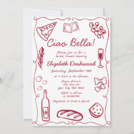 Hand Drawn Retro Red Italian Casual Bridal Brunch Kaart