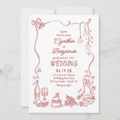 Hand Drawn Retro Whimsical Burgundy Wedding Photo Kaart (Voorkant)
