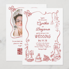 Hand Drawn Retro Whimsical Burgundy Wedding Photo Kaart
