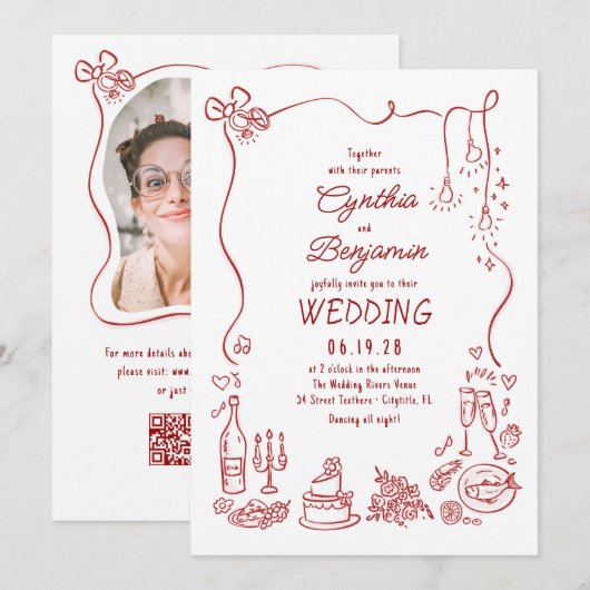 Hand Drawn Retro Whimsical Burgundy Wedding Photo Kaart (Voorkant / Achterkant)