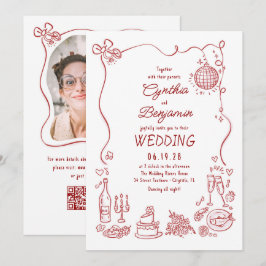 Hand Drawn Retro Whimsical Burgundy Wedding Photo Kaart