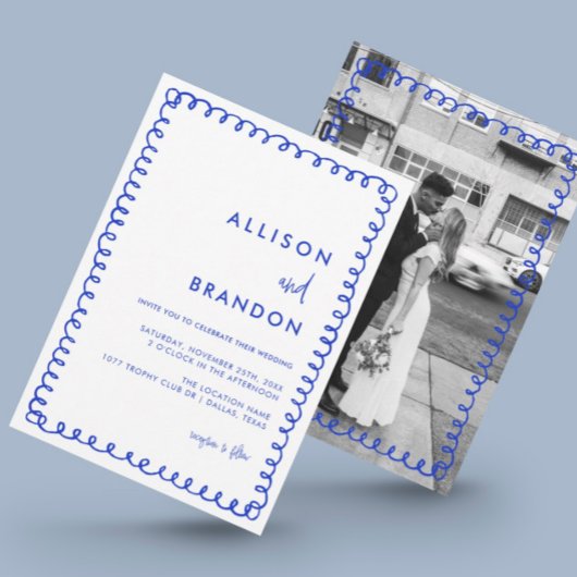 Hand Drawn Ribbon French Blue Wedding Foto Kaart