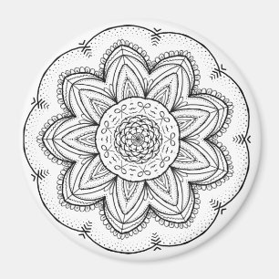Hand Drawn Ribbon Mandala - Black & White Round Magneet