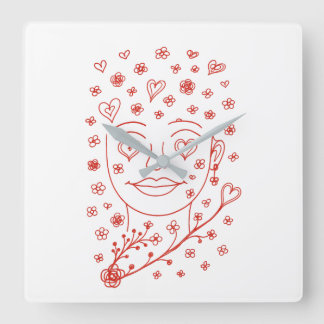 Hand-Drawn Romantic Line Art Face with Hearts and  Vierkante Klok