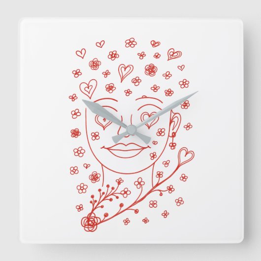 Hand-Drawn Romantic Line Art Face with Hearts and Vierkante Klok (Voorkant)