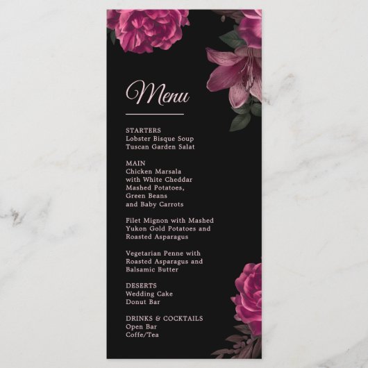 Hand Drawn Roses Dark Romantic Wedding Menu (Voorkant)