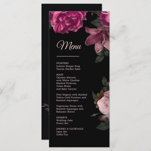Hand Drawn Roses Dark Romantic Wedding Menu (Voorkant / Achterkant)