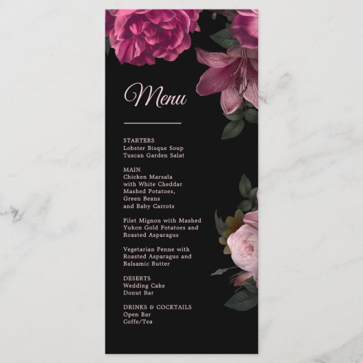 Hand Drawn Roses Dark Romantic Wedding Menu (Voorkant)