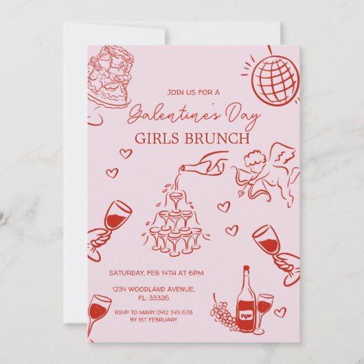 Hand-Drawn Roze Galentine's Meisjes Nacht Valentij Kaart (Voorkant)