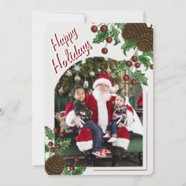 Hand Drawn Rustic Pinecone & Holly Christmas Photo Feestdagenkaart