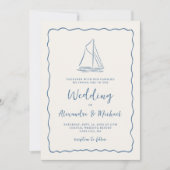 Hand Drawn Sailboat Blue Ivory Nautical Wedding Kaart (Voorkant)