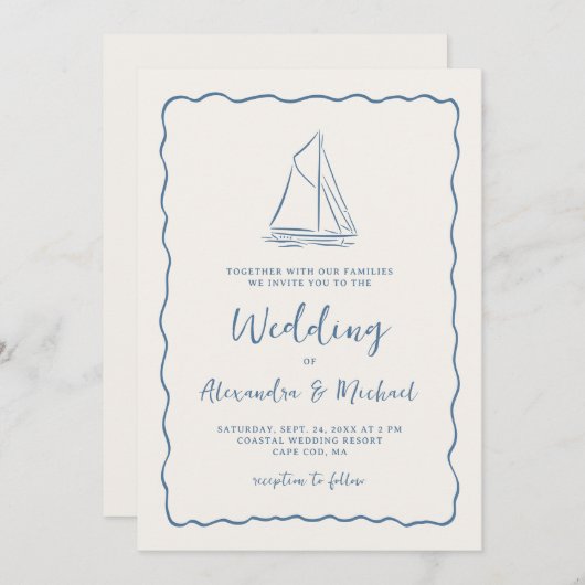 Hand Drawn Sailboat Blue Ivory Nautical Wedding Kaart (Voorkant / Achterkant)